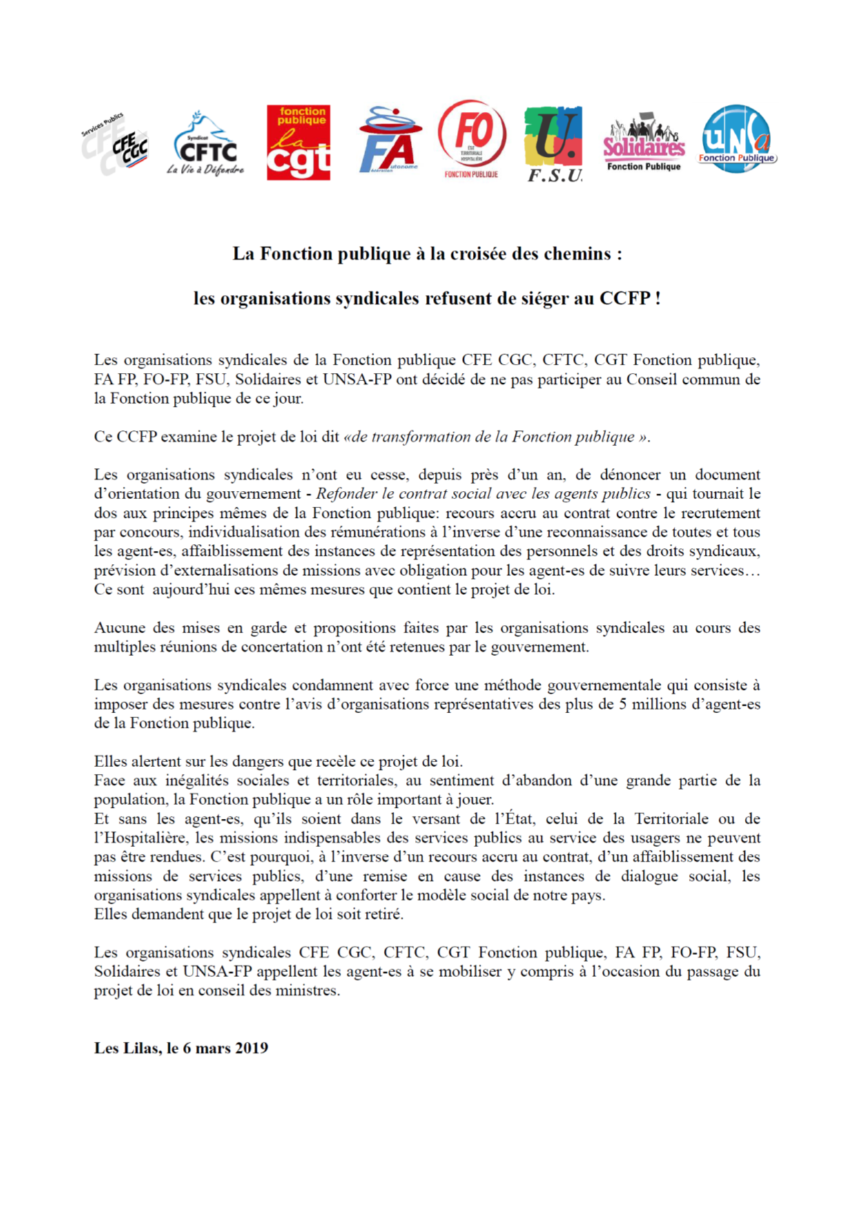 communique de presse 8 fedes fonctionnaires 06 03 19