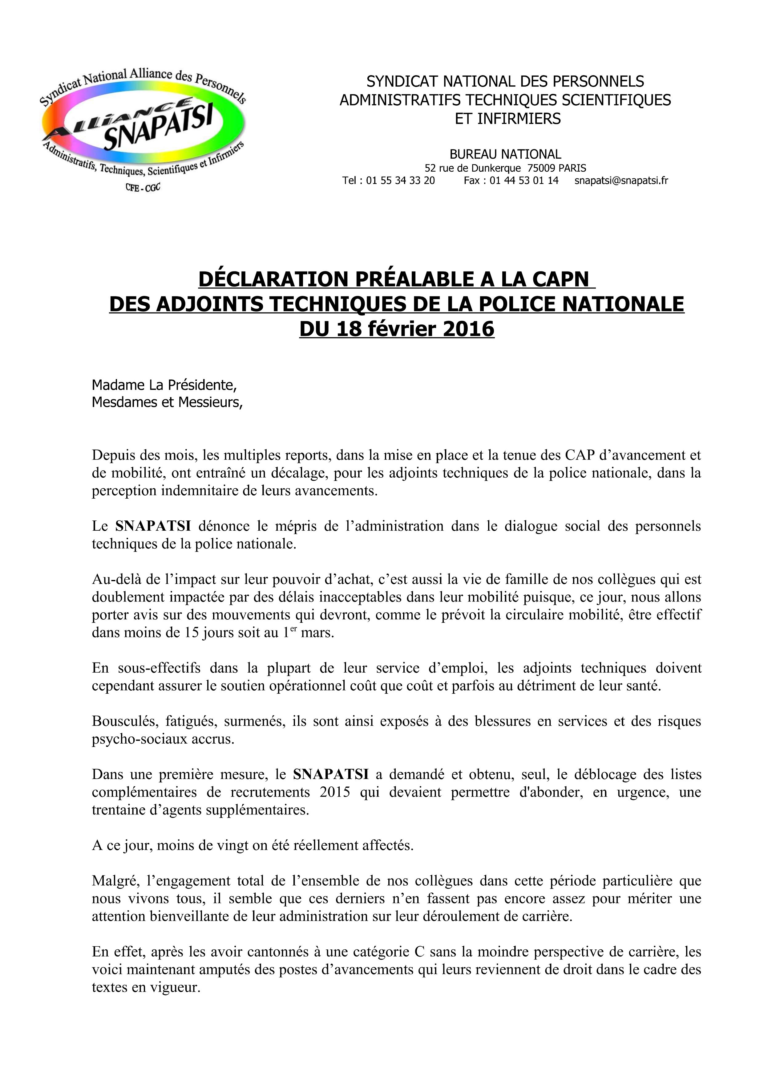 Déclaration Préalable de la CAPN des Adjoints techniques du 18 Février 2016