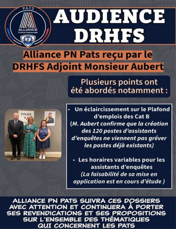 AUDIENCE DRHFs Alliance Police Nationale Pats reçu par le DGPN adjoint monsieur Aubert