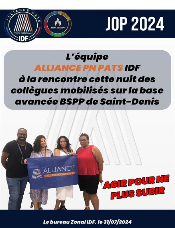 L'équipe Alliance PN PATS Île-de-France à la rencontre cette nuit des collègues mobilisés sur la base avancée BSPP de Saint Denis.