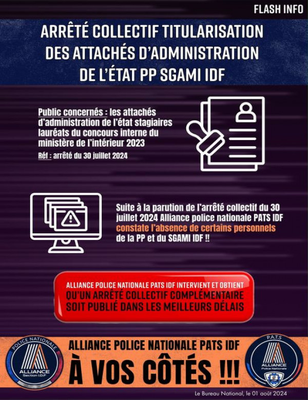 Arrêté collectif titularisation des attachés d'administration de l'état PP SGAMI IDF